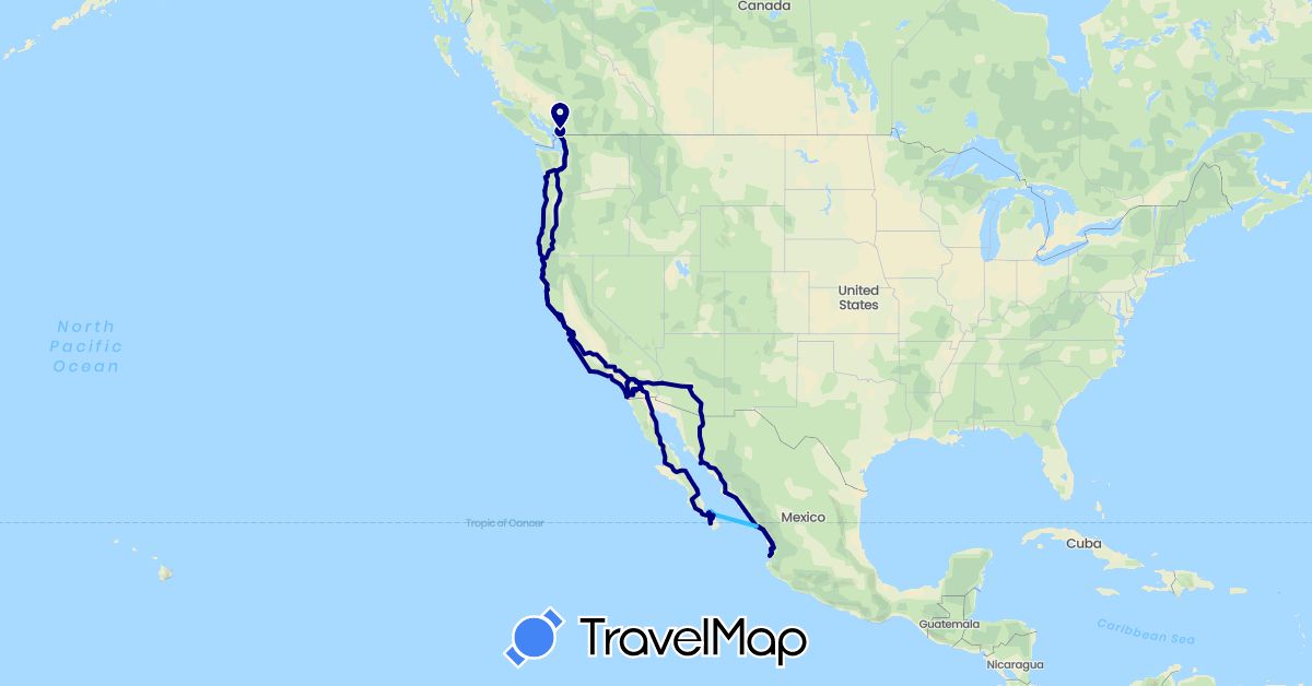 TravelMap itinerary: driving, boat in Canada, Mexico, United States (North America)