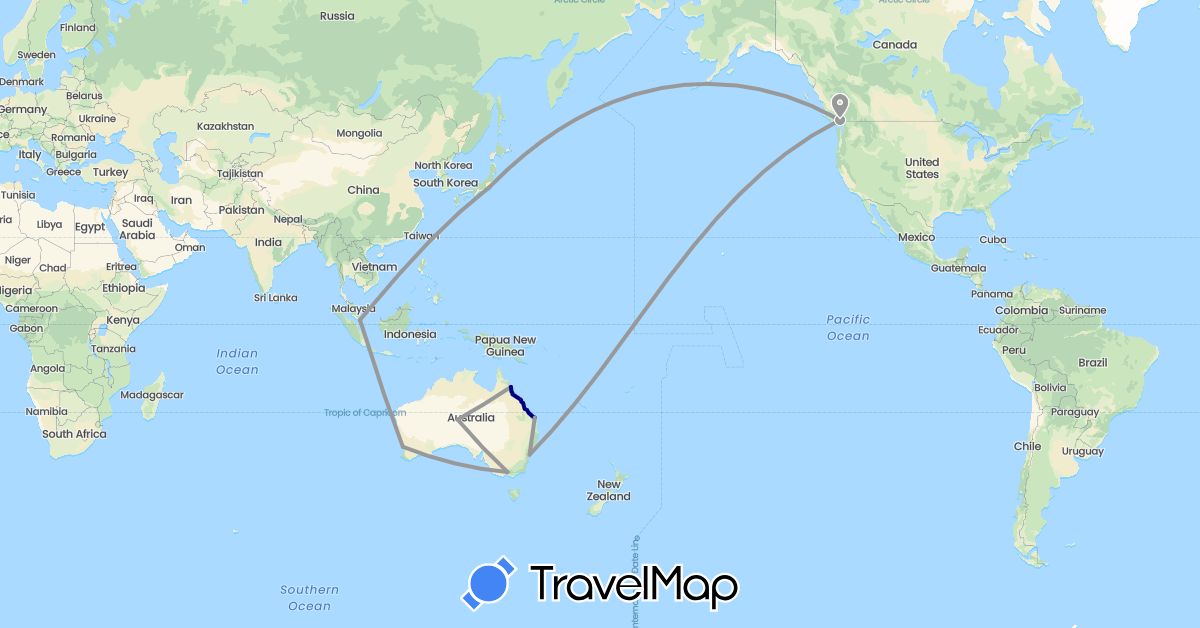 TravelMap itinerary: driving, plane in Australia, Canada, Japan, Singapore (Asia, North America, Oceania)
